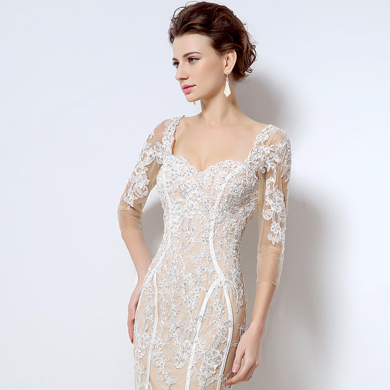 Nude Lace - Embroidered Sweetheart 3/4 - Sleeve Mermaid Prom Dress, LX013