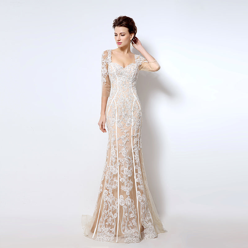 Nude Lace - Embroidered Sweetheart 3/4 - Sleeve Mermaid Prom Dress, LX013