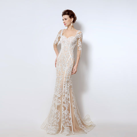 Nude Lace - Embroidered Sweetheart 3/4 - Sleeve Mermaid Prom Dress, LX013