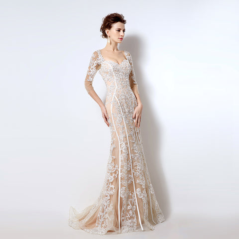 Nude Lace - Embroidered Sweetheart 3/4 - Sleeve Mermaid Prom Dress, LX013