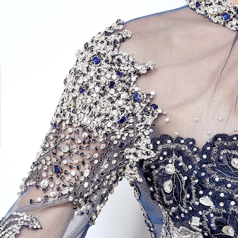 Navy Blue Embellished High - Neck Long - Sleeve Sheer - Back Prom Dress, LX014