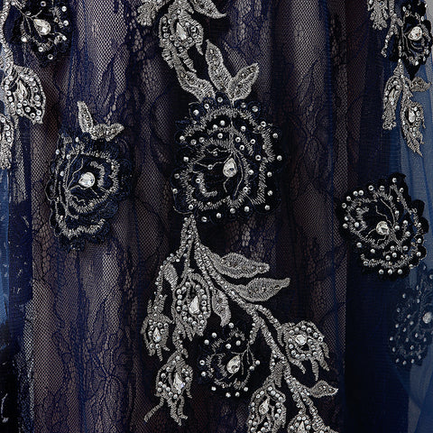Navy Blue Embellished High - Neck Long - Sleeve Sheer - Back Prom Dress, LX014