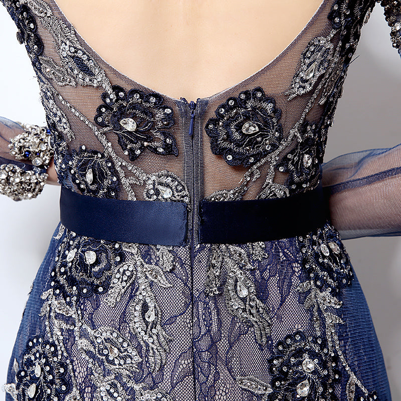 Navy Blue Embellished High - Neck Long - Sleeve Sheer - Back Prom Dress, LX014