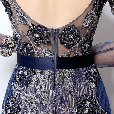 Navy Blue Embellished High - Neck Long - Sleeve Sheer - Back Prom Dress, LX014