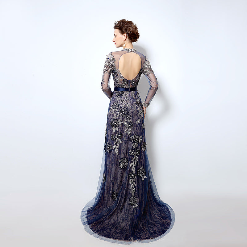 Navy Blue Embellished High - Neck Long - Sleeve Sheer - Back Prom Dress, LX014