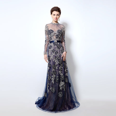 Navy Blue Embellished High - Neck Long - Sleeve Sheer - Back Prom Dress, LX014