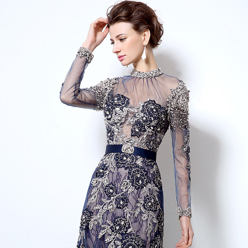 Navy Blue Embellished High - Neck Long - Sleeve Sheer - Back Prom Dress, LX014