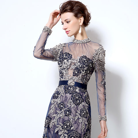 Navy Blue Embellished High - Neck Long - Sleeve Sheer - Back Prom Dress, LX014