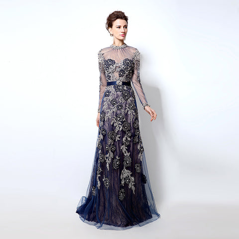 Navy Blue Embellished High - Neck Long - Sleeve Sheer - Back Prom Dress, LX014