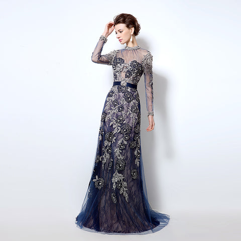 Navy Blue Embellished High - Neck Long - Sleeve Sheer - Back Prom Dress, LX014