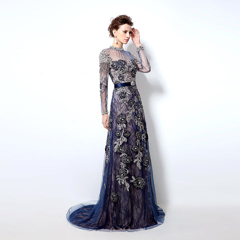 Navy Blue Embellished High - Neck Long - Sleeve Sheer - Back Prom Dress, LX014