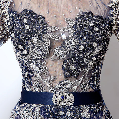 Navy Blue Embellished High - Neck Long - Sleeve Sheer - Back Prom Dress, LX014