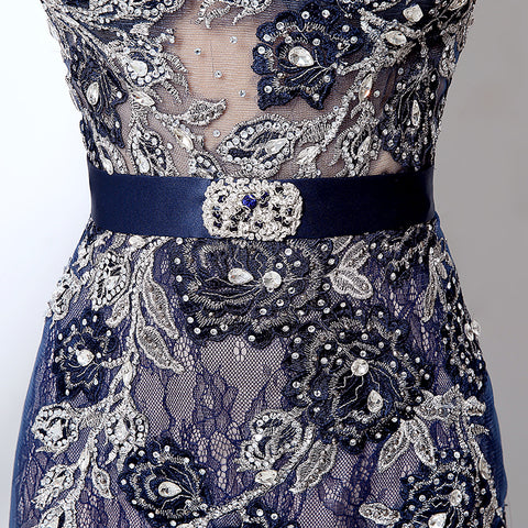 Navy Blue Embellished High - Neck Long - Sleeve Sheer - Back Prom Dress, LX014