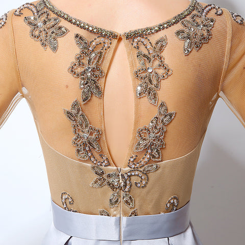 Elegant Long - Sleeved Dress with Embroidered Bodice and Midi - Length Pleated Prom Dress, LX015