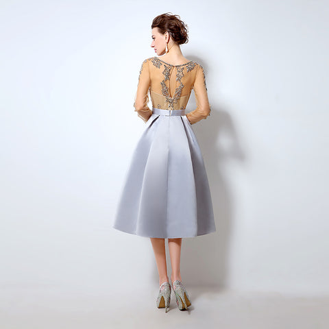 Elegant Long - Sleeved Dress with Embroidered Bodice and Midi - Length Pleated Prom Dress, LX015