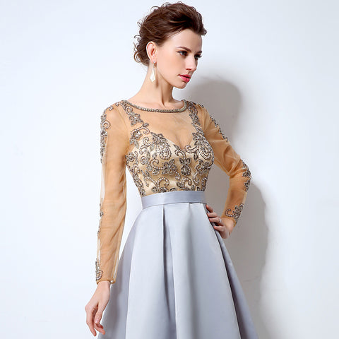Elegant Long - Sleeved Dress with Embroidered Bodice and Midi - Length Pleated Prom Dress, LX015