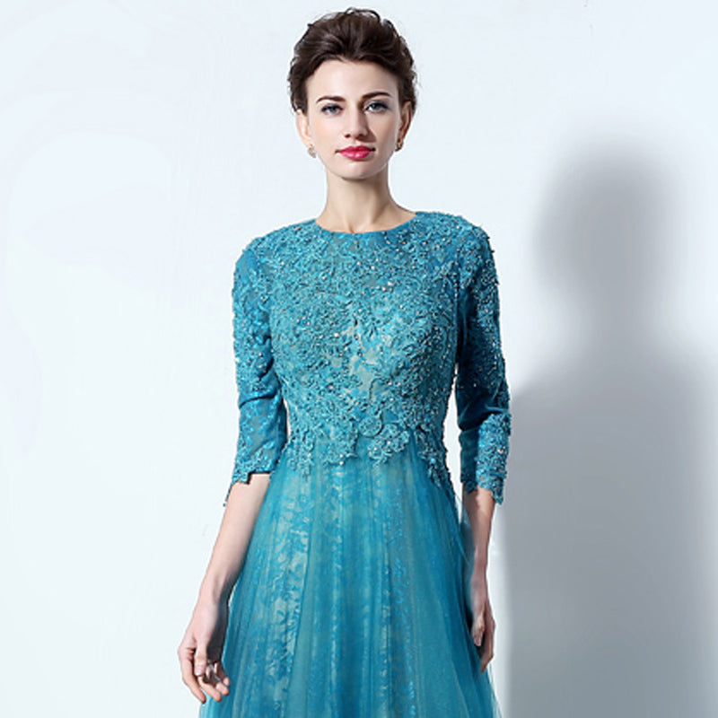Teal Embroidered 3/4 - Sleeve Round - Neck Open - Back Tulle Prom Dress , LX016