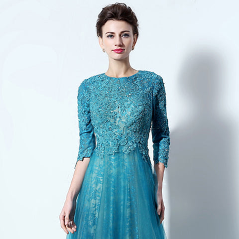 Teal Embroidered 3/4 - Sleeve Round - Neck Open - Back Tulle Prom Dress , LX016