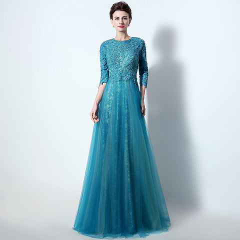 Teal Embroidered 3/4 - Sleeve Round - Neck Open - Back Tulle Prom Dress , LX016