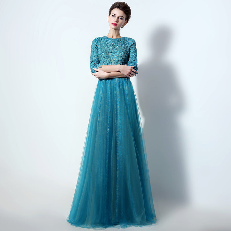 Teal Embroidered 3/4 - Sleeve Round - Neck Open - Back Tulle Prom Dress , LX016
