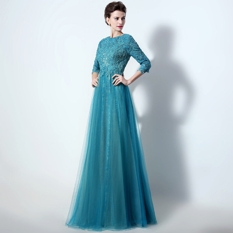 Teal Embroidered 3/4 - Sleeve Round - Neck Open - Back Tulle Prom Dress , LX016