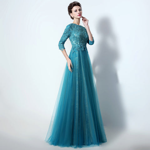 Teal Embroidered 3/4 - Sleeve Round - Neck Open - Back Tulle Prom Dress , LX016