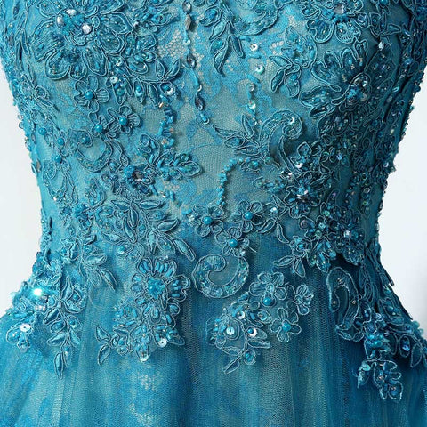 Teal Embroidered 3/4 - Sleeve Round - Neck Open - Back Tulle Prom Dress , LX016