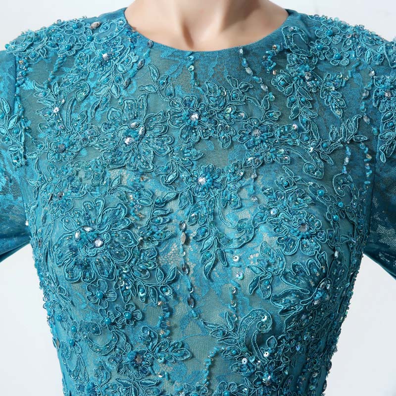 Teal Embroidered 3/4 - Sleeve Round - Neck Open - Back Tulle Prom Dress , LX016