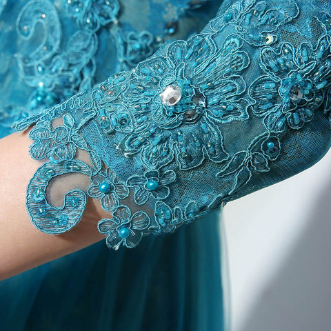 Teal Embroidered 3/4 - Sleeve Round - Neck Open - Back Tulle Prom Dress , LX016