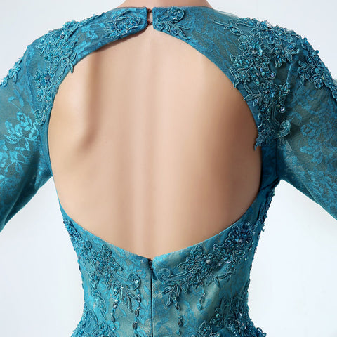 Teal Embroidered 3/4 - Sleeve Round - Neck Open - Back Tulle Prom Dress , LX016