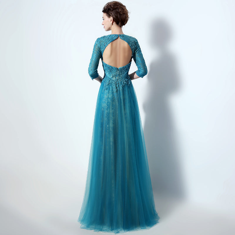 Teal Embroidered 3/4 - Sleeve Round - Neck Open - Back Tulle Prom Dress , LX016