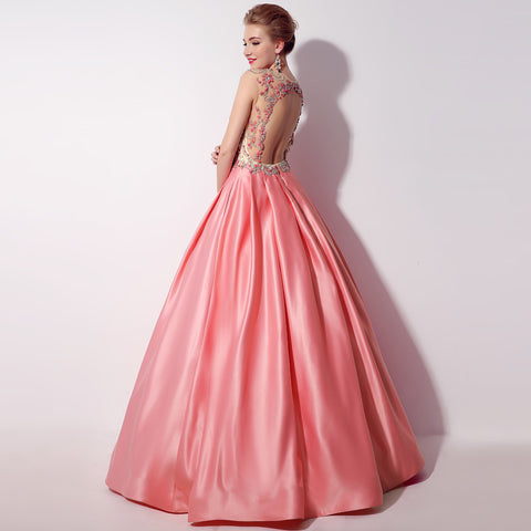 Gorgeous Sleeveless V - Neck Pink Ball Gown with Embroidered Bodice Prom Dress,LX020