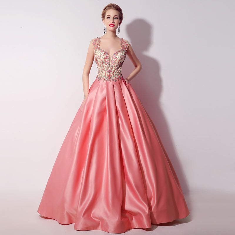 Gorgeous Sleeveless V - Neck Pink Ball Gown with Embroidered Bodice Prom Dress,LX020