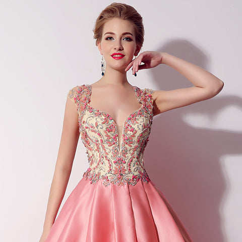 Pink Embellished V - Neck Sleeveless Open - Back Satin Ball - Gown Prom Dress with Pockets , LX020