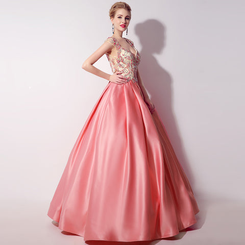 Pink Embellished V - Neck Sleeveless Open - Back Satin Ball - Gown Prom Dress with Pockets , LX020