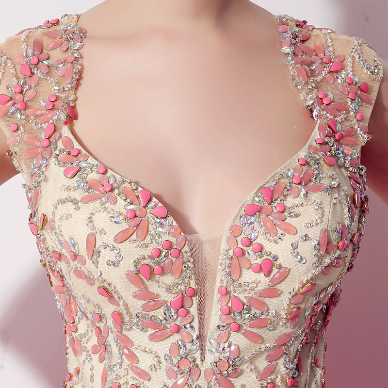 Gorgeous Sleeveless V - Neck Pink Ball Gown with Embroidered Bodice Prom Dress,LX020