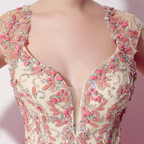 Gorgeous Sleeveless V - Neck Pink Ball Gown with Embroidered Bodice Prom Dress,LX020