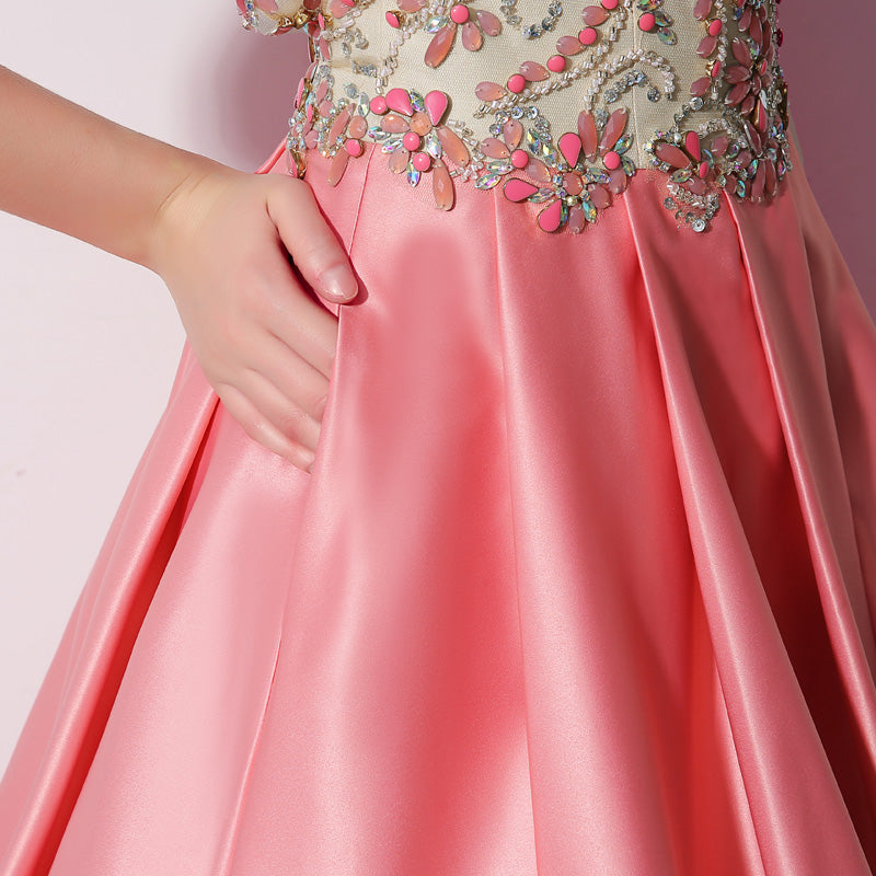 Gorgeous Sleeveless V - Neck Pink Ball Gown with Embroidered Bodice Prom Dress,LX020