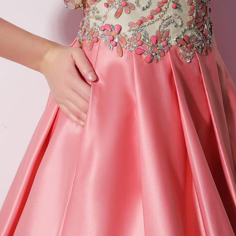 Gorgeous Sleeveless V - Neck Pink Ball Gown with Embroidered Bodice Prom Dress,LX020