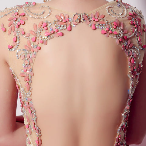 Gorgeous Sleeveless V - Neck Pink Ball Gown with Embroidered Bodice Prom Dress,LX020
