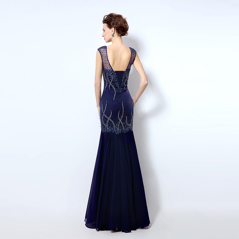 Glamorous V - Neck Beaded Mermaid Evening Dress with Sheer Cap Sleeves - Stunning Embellishments Prom Dress,LX032