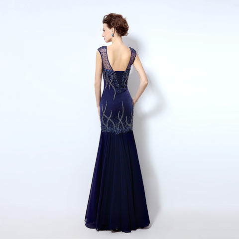 Glamorous V - Neck Beaded Mermaid Evening Dress with Sheer Cap Sleeves - Stunning Embellishments Prom Dress,LX032