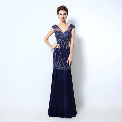 Glamorous V - Neck Beaded Mermaid Evening Dress with Sheer Cap Sleeves - Stunning Embellishments Prom Dress,LX032