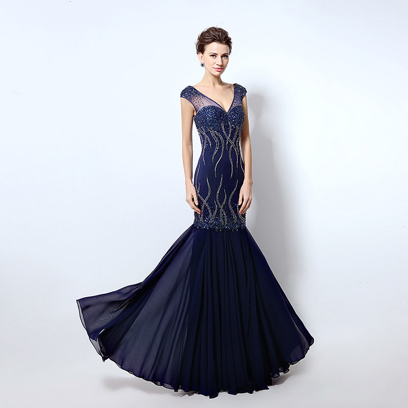 Glamorous V - Neck Beaded Mermaid Evening Dress with Sheer Cap Sleeves - Stunning Embellishments Prom Dress,LX032