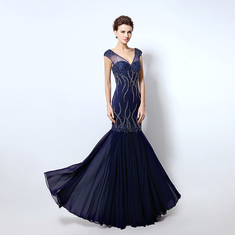 Glamorous V - Neck Beaded Mermaid Evening Dress with Sheer Cap Sleeves - Stunning Embellishments Prom Dress,LX032