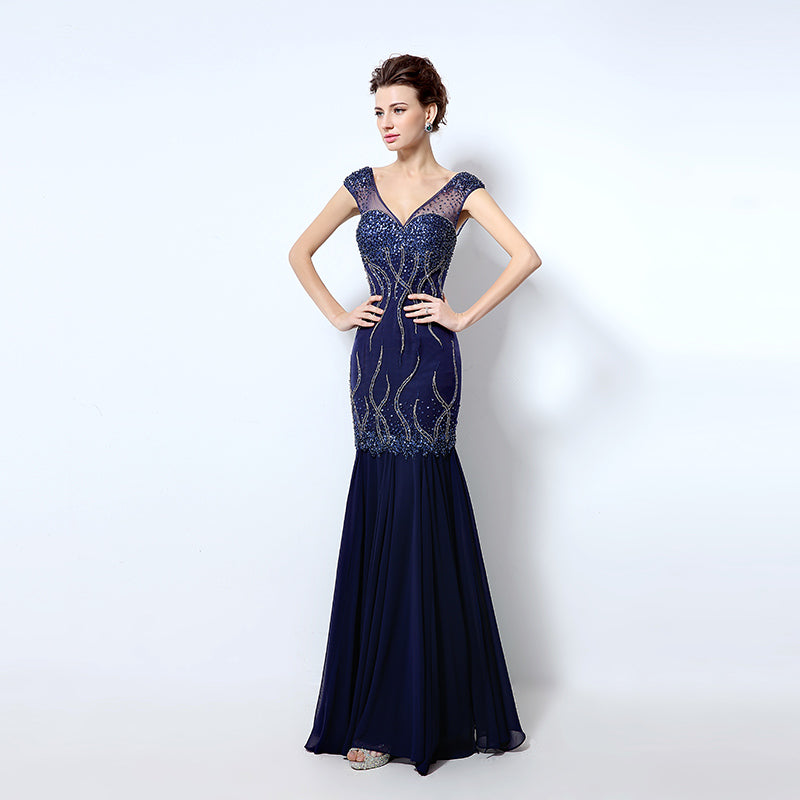 Glamorous V - Neck Beaded Mermaid Evening Dress with Sheer Cap Sleeves - Stunning Embellishments Prom Dress,LX032