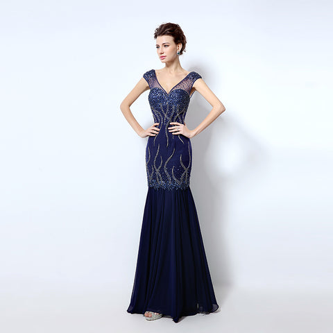 Glamorous V - Neck Beaded Mermaid Evening Dress with Sheer Cap Sleeves - Stunning Embellishments Prom Dress,LX032