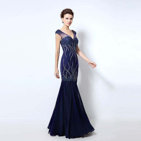 Glamorous V - Neck Beaded Mermaid Evening Dress with Sheer Cap Sleeves - Stunning Embellishments Prom Dress,LX032