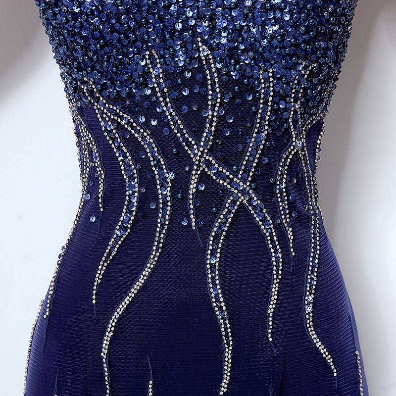 Glamorous V - Neck Beaded Mermaid Evening Dress with Sheer Cap Sleeves - Stunning Embellishments Prom Dress,LX032