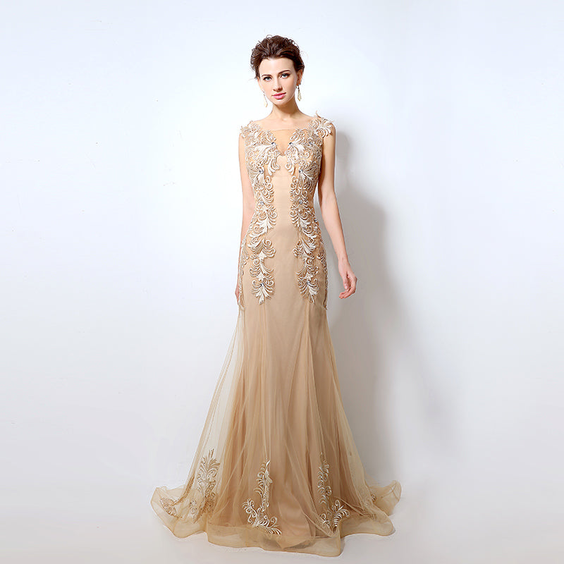 Exquisite Sleeveless Mermaid - style Evening Gown with Intricate Floral Embroidery - Elegant Tulle Prom Dress,LX036